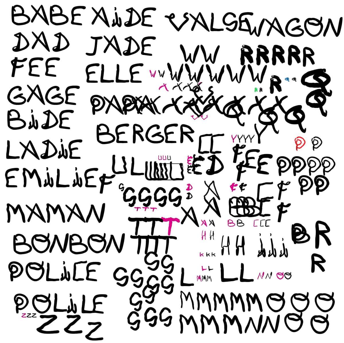 Research sheet while preparing the letter drawings.