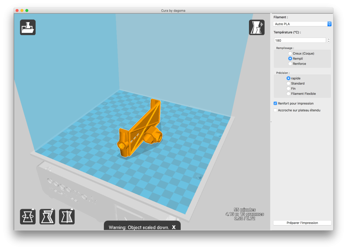 Settings of the smartphone holder in the Cura app. These settings depend on the printer and filament used.