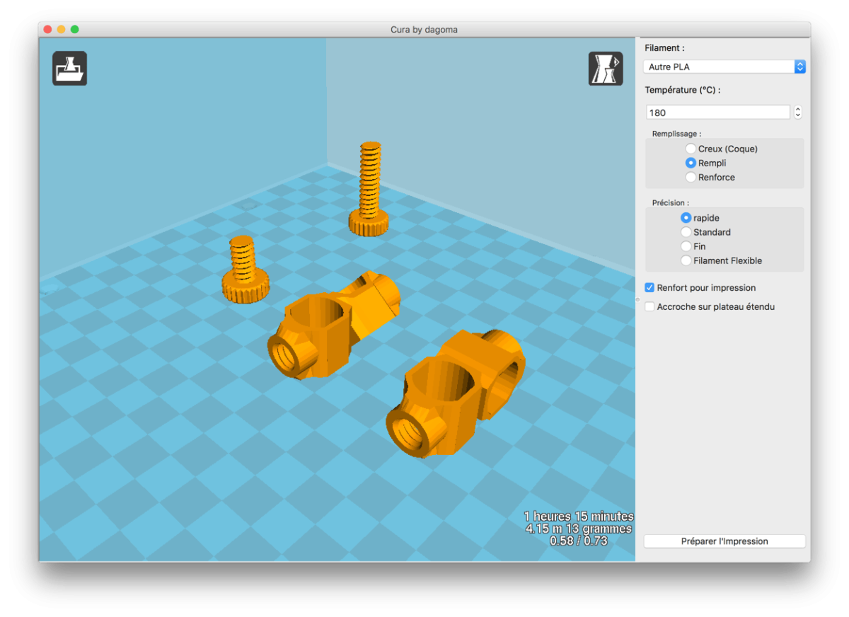 Settings of the parts in the Cura app. These settings depend on the printer and filament used, but supports must always be used for the 45-degree joints