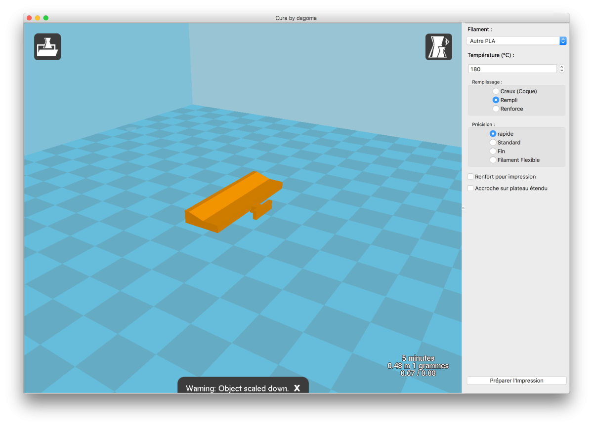 Settings of the small part used to clamp the smartphone, in the Cura app. These settings depend on the printer and filament used.