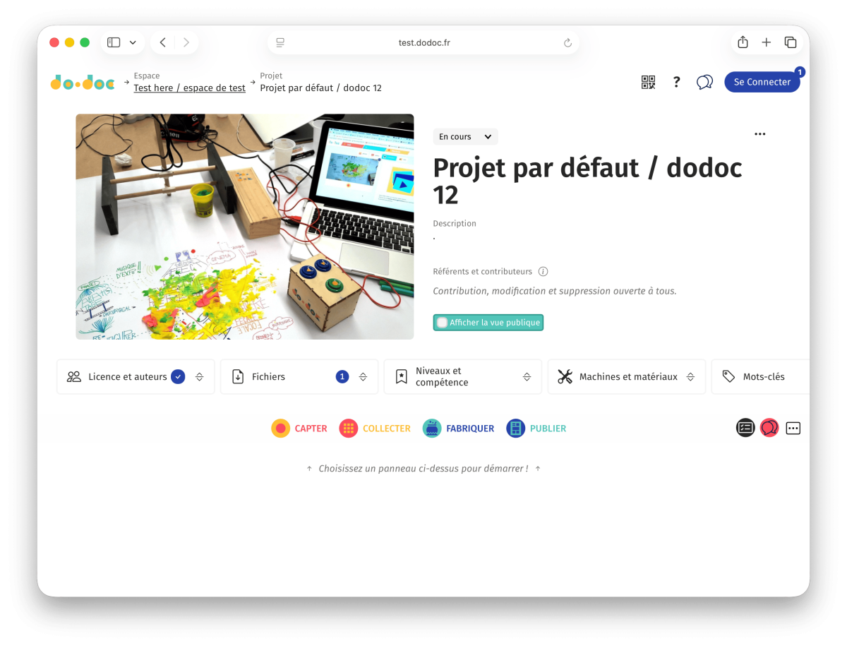 A project in do&bull;doc 13, with its panels to capture, collect, make and publish.