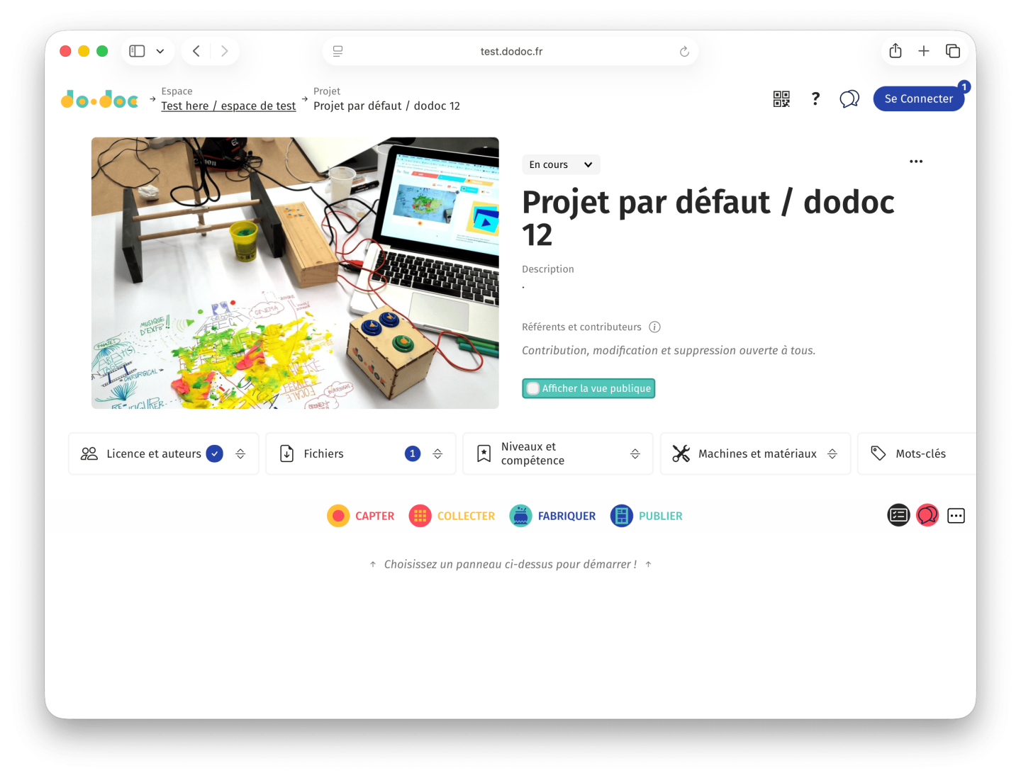 A project in do&bull;doc 13, with its panels to capture, collect, make and publish.